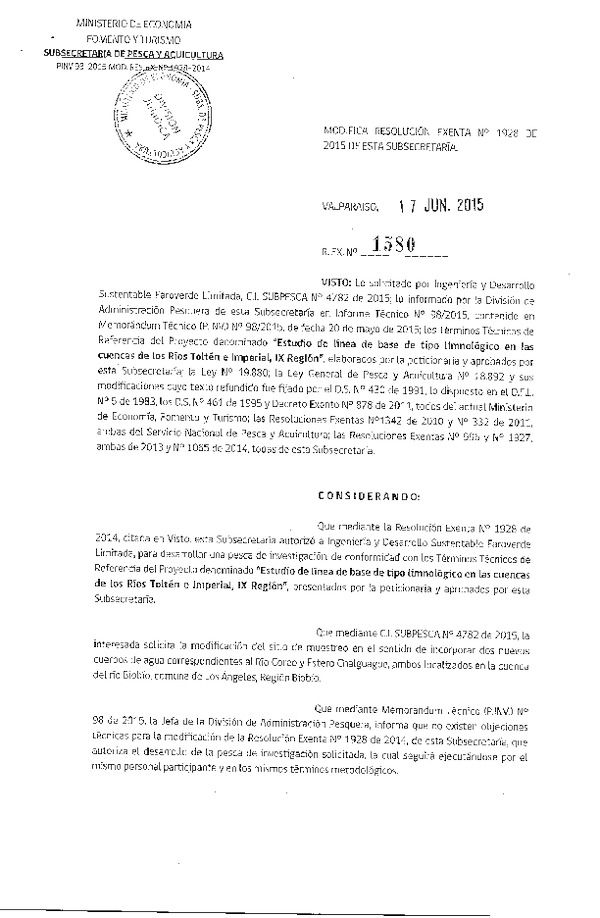 Res. Ex. N° 1580-2015 Modifica Res. Ex. N° 1928-2014 Estudio de línea de base tipo limnológico.