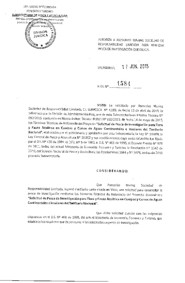 Res. Ex. N° 1584-2015 Solicitud de Pesca de investigación de para Flora y Fauna Acuática en cuerpos y cursos de aguas continentales e insulares del territorio nacional.