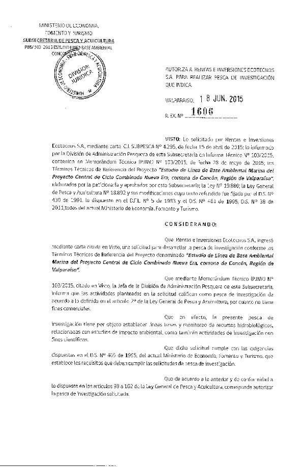 Res. Ex. N° 1606-2015 Estudio de línea de base Ambiental marina del proyecto central de Ciclo combinado Nueva Era, V Región.