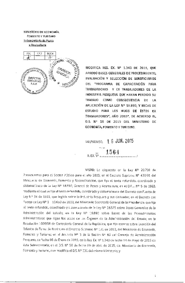 Res. Ex. N° 1343-2015 Aprueba bases generales de procedimiento, evaluación y selección de beneficiarios del "Programa de capacitación para Trabajadores y Ex Trabajadores de la Industria Pesquera.