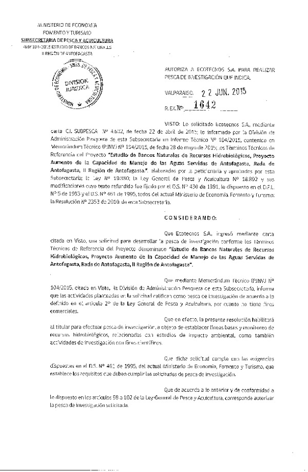 Res. Ex. N° 1642-2015 Estudio de bancos naturales de recursos hidrobiológicos, proyecto de aumento de la capacidad de manejo de las afuas servidas, Antifagasta, II Región.