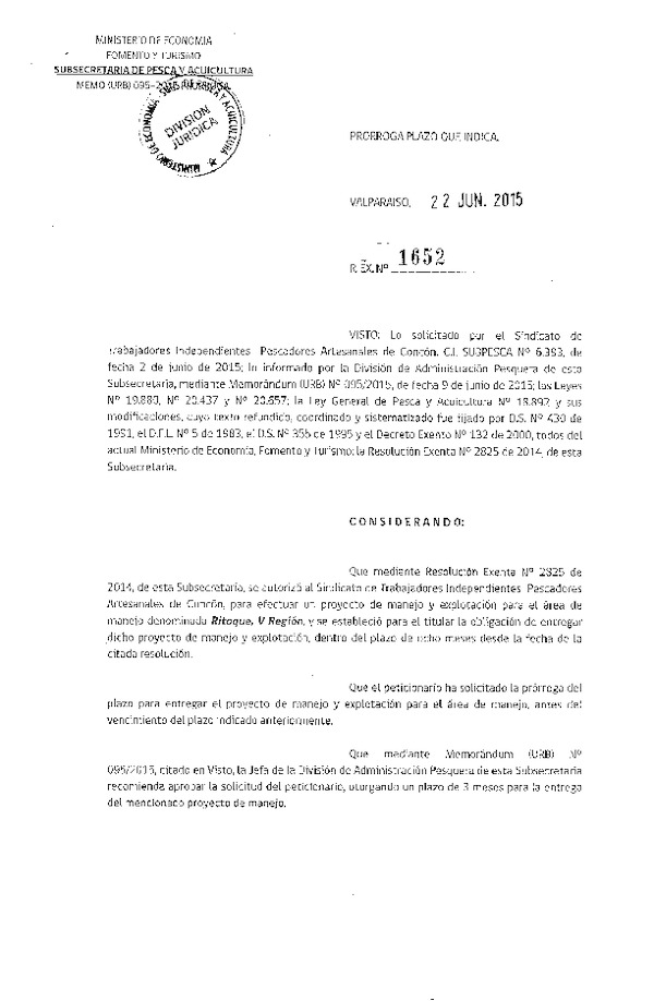 Res. Ex. N° 1652-2015 PRORROGA PLAN DE MANEJO.