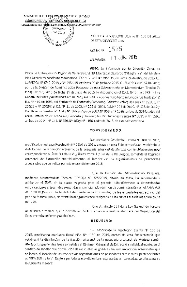 Res. Ex. N° 1575-2015 Modifica Res. Ex. N° 160-2015 Distribución de la Fracción Artesanal Pesquería de Merluza común Individual, año 2015. (F.D.O. 23-06-2015)