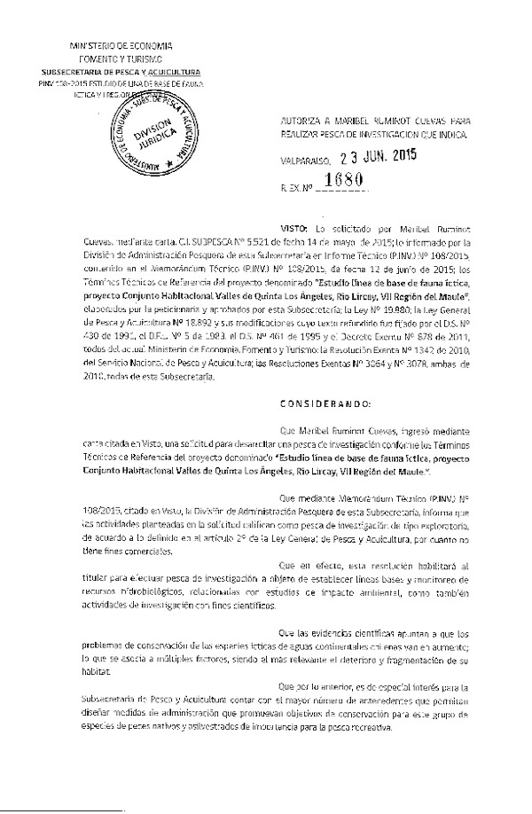 Res. Ex. N° 1680-2015 Estudio de línea base de fauna íctica, proyecto Conjunto Habitacional Valles de Quinta Los Ángeles, Río Lircay, VII Región del Maule.
