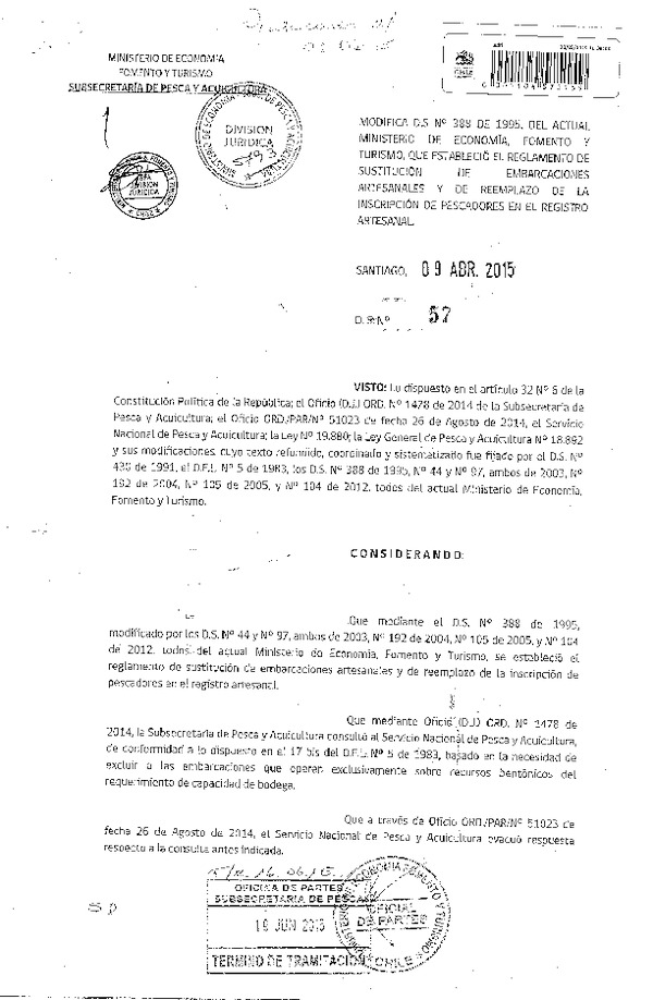 D.S. N° 57-2015 Modifica D.S. N° 388-1995 Reglamento de Sustitución de Embarcaciones y de Reemplzo de la Inscripción de Pescadores en Registro Artesanal (F.D.O. 25-06-2015)