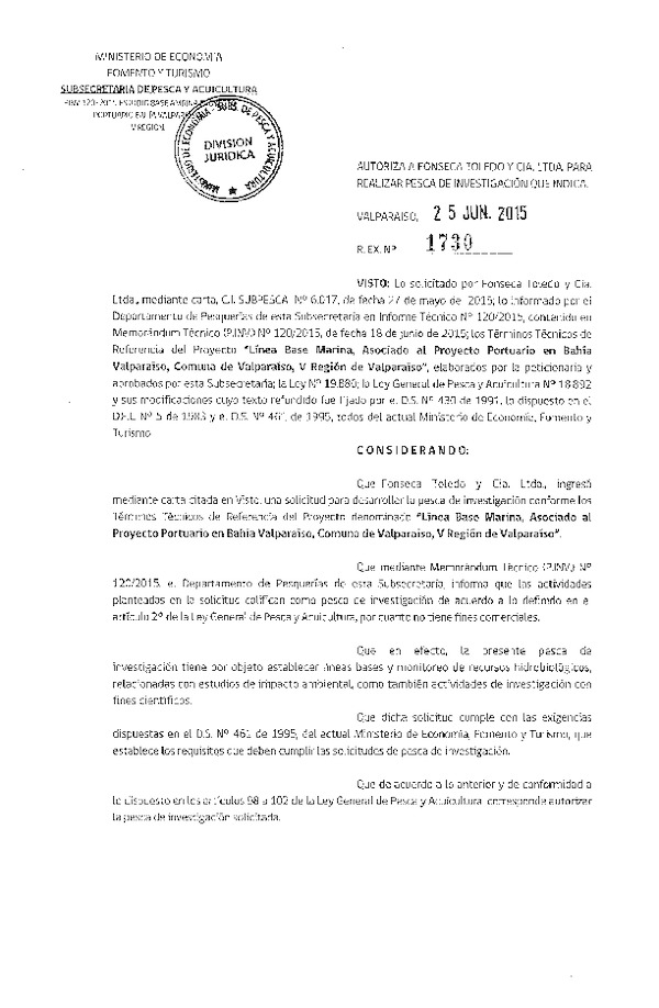 Res. Ex N° 1730-2015 Línea base marina, proyecto portuario en Bahía Valparaíso, V Región.