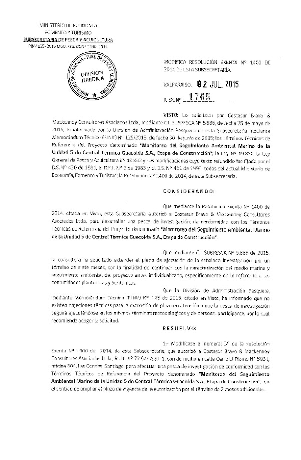 Res. Ex. N° 1765-2015 Modifica Res. Ex N° 1400-2014 Monitoreo del seguimiento ambiental marino de la Unidad 5 de Central Térmica Guacolda S.A.