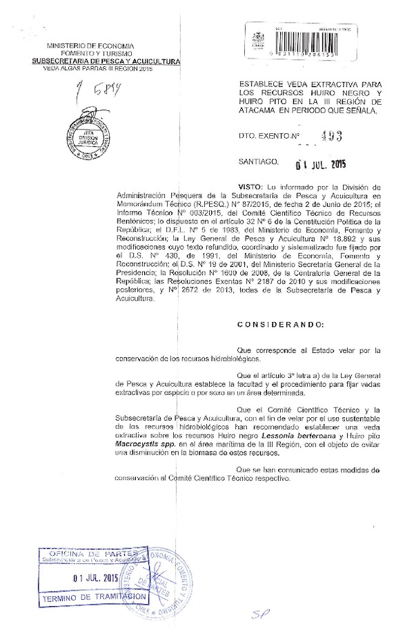 Dec. Ex. N° 493-2015 Establece Veda Extractiva para los recursos Huiro negro y Huiro pito, en la III Región de Atacama.