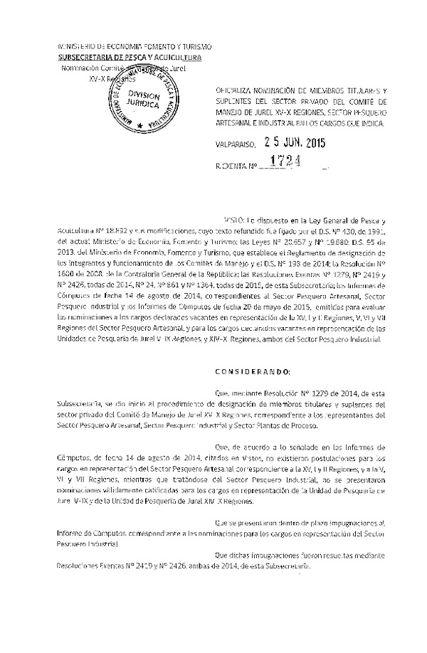 Res. Ex. N° 1724-2015 Oficializa Nominación de Miembros Titulares y Suplentes del Sector Privado del Comité de Menejo de Jurel XV-X Regiones del Sector pesquero Artesanal e Industrial. (F.D.O. 04-07-2015)