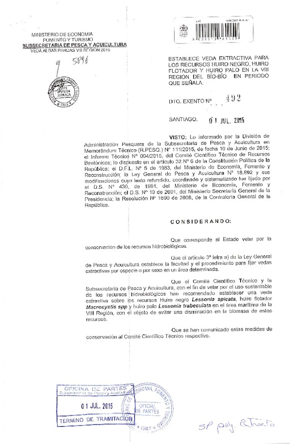 Dec. Ex. N° 492-2015 Establece Veda Extractiva para los recursos Huiro negro, huiro flotador y Huiro palo, en la VIII Región. (F.D.O. 06-07-2015)