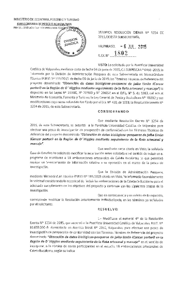 Res. Ex. N° 1802-2015 Modifica Res. Ex. N° 1234-2015 Obtención de datos biológicos-pesqueros de Jaiba Limón, VI Región.