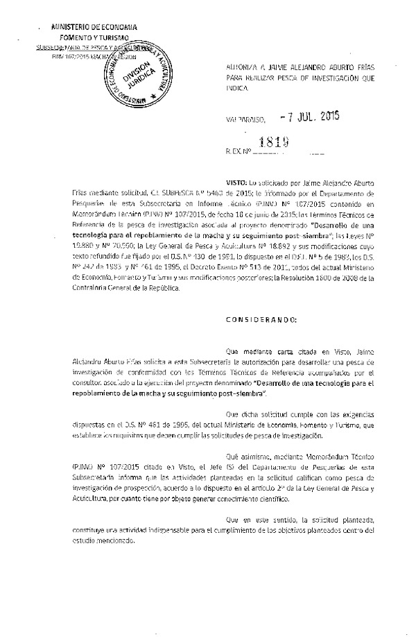 Res. Ex. N° 1819-2015 Desarrollo de una tecnología para el repoblamiento de la macha.