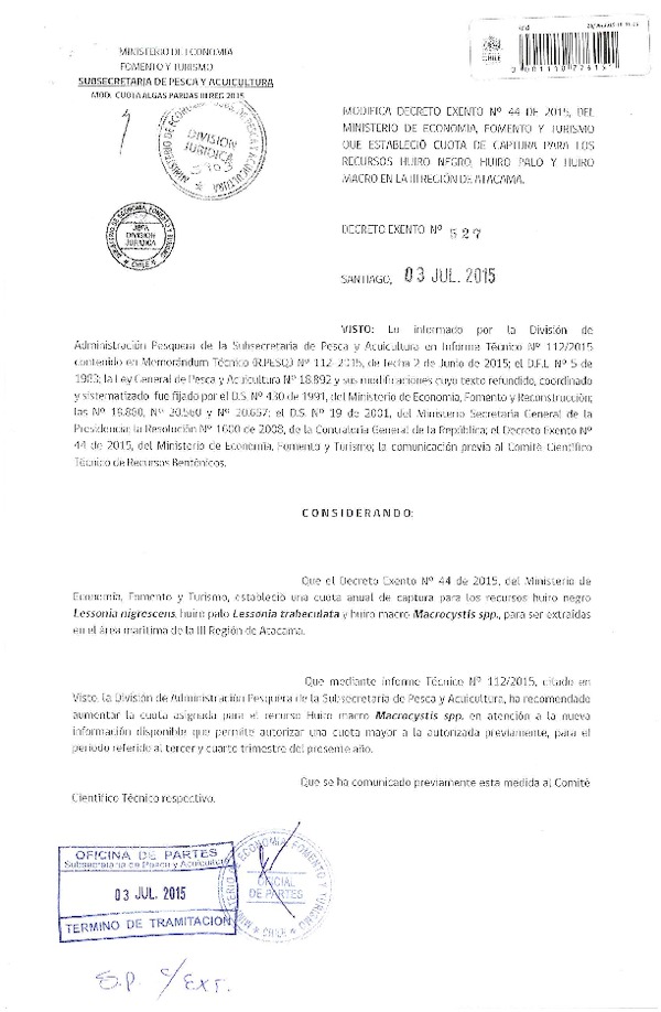 Dec. Ex. N° 527-2015 Modifica Dec. Ex. N° 44-2015 Establece Cuota de Captura recursos Huiro negro, huiro palo y huiro macro, en la III Región de Atacama. (F.D.O. 09-07-2015)