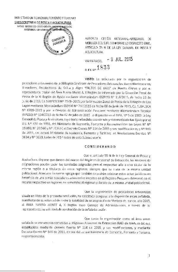 Res. Ex. N° 1833-2015 Autoriza cesión Merluza del sur X-XI Región.