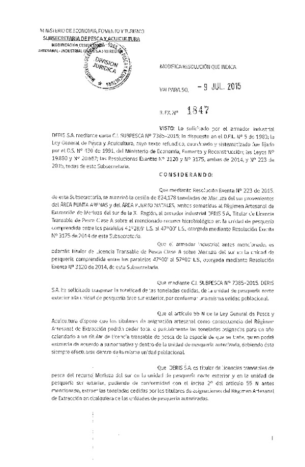 Res. Ex. N° 1847-2015 Modifica Res. Ex. N° 223-2015 Autoriza Cesión Merluza del sur XII Región.