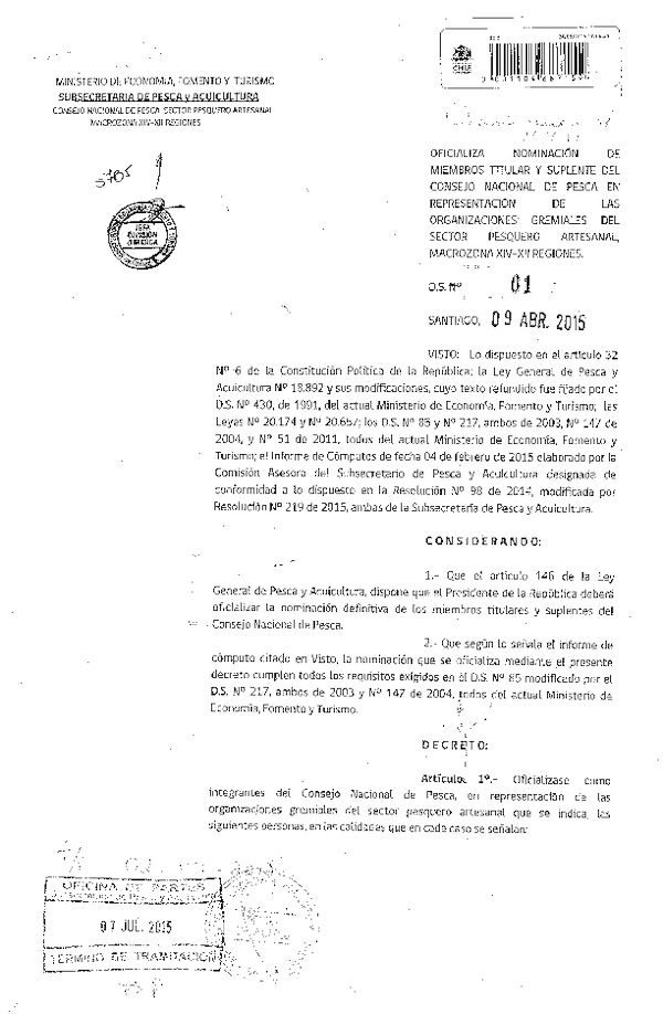 D.S. N° 61-2015 Oficializa Nominación de Miembros Titulares y Suplentes del Consejo Nacional de Pesca en Representación de las Organizaciones Gremiales del Sector Pesquero Artesanal Macrozona XIV-XII Regiones. (F.D.O. 11-07-2015)