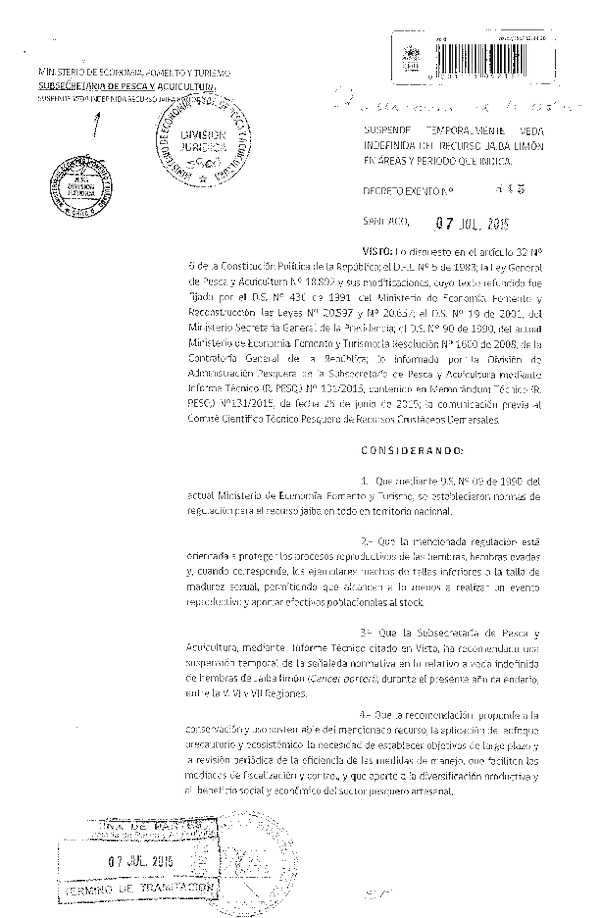 Dec. Ex. N° 545-2015 Suspende Temporalmente Veda Jaiba Limón en la V-VII Regiones. (F.D.O.  11-07-2015)