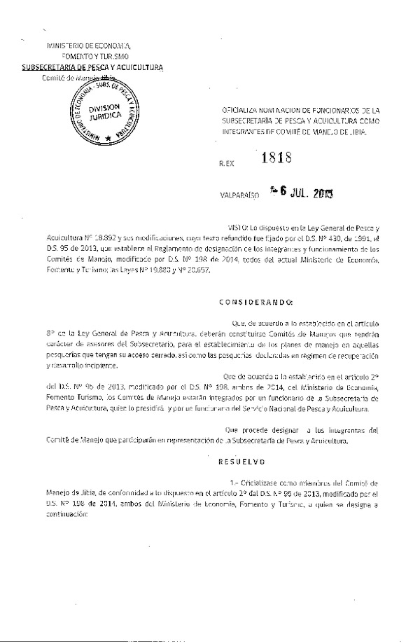 Res. Ex. N° 1818-2015 Oficializa Nominación de Miembros del Sector Público de Comité de Manejo de Jibia. (F.D.O. 11-07-2015)