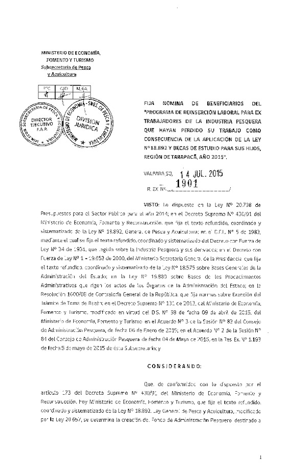 Res. Ex. N° 1901-2015 Fija nómina de Beneficiarios del Programa de Reinserción Laboral para Ex Trabajadores de la Industria Pesquera.