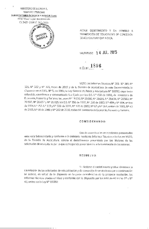 Res. Ex. N° 1896-2015 Acoge desistimiento y da termino a tramitación de solicitudes de concesión de acuicultura.