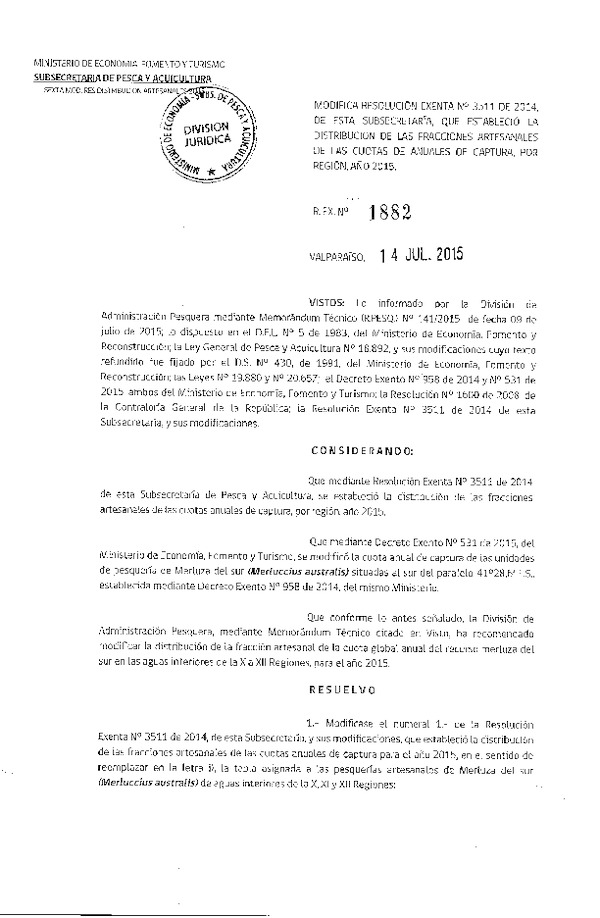 Res. Ex. N° 1882-2015 Modifca Res. Ex. N° 3511-2014 Establece Distribución de las Fracciones Artesanales de las Cuotas Anuales de Captura, por Región, año 2015. (F.D.O. 21-07-2015)