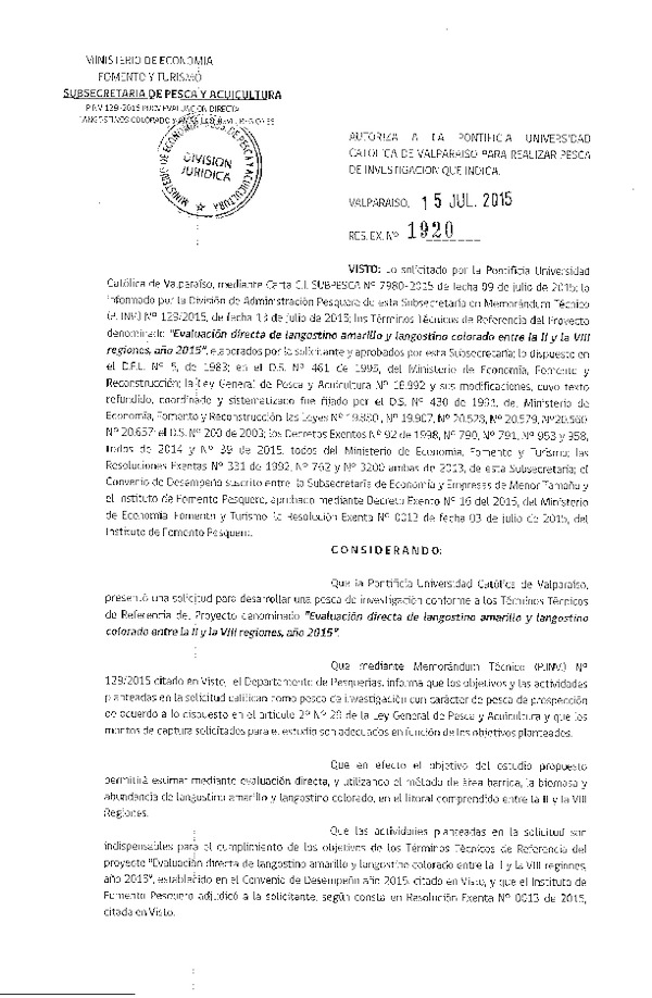 Res. Ex. N° 1920-2015 Evaluación directa de langostino amarillo y langostino colorado II-VIII Regiones.