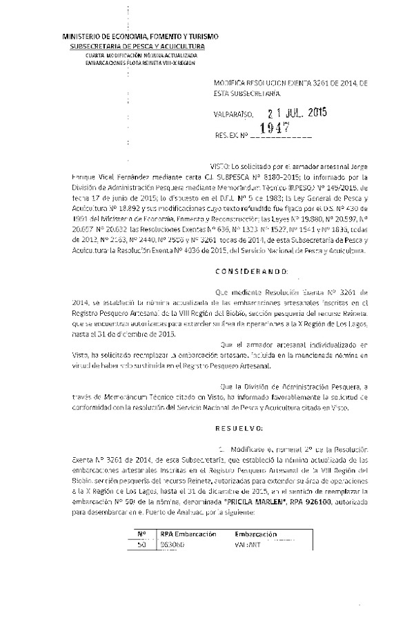 Res. Ex. N° 1947-2015 Modifica Res. Ex. N° 3261-2014 que Modificó la Res. Ex. Nº 1527-2013 que Establece Nómina de embarcaciones artesanales de la VIII Región autorizadas para operar sobre Reineta en al X Región. (F.D.O. 27-07-2015)