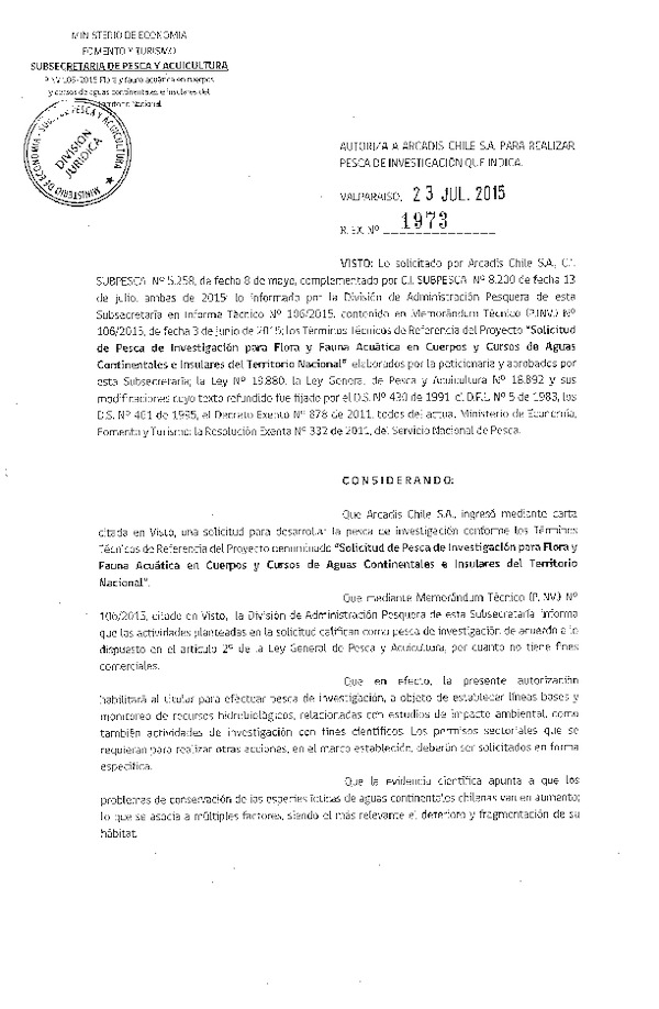 Res. Ex. N° 1973-2015 Solicitud para flora y fauna Acuática de cuerpos y cursos de aguas continentales e insulares del Territorio Nacional.