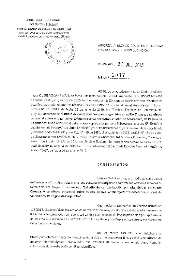 Res. Ex. N° 2017-2015 Estudio de contaminación Río Choapa, Salamanca, IV Regoón.