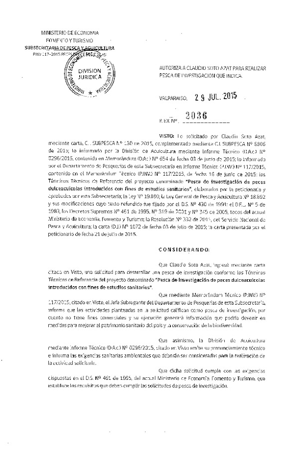 Res. Ex. N° 2036-2015 De peces dulceacuícolas introducidos con fines de estudio sanitario.