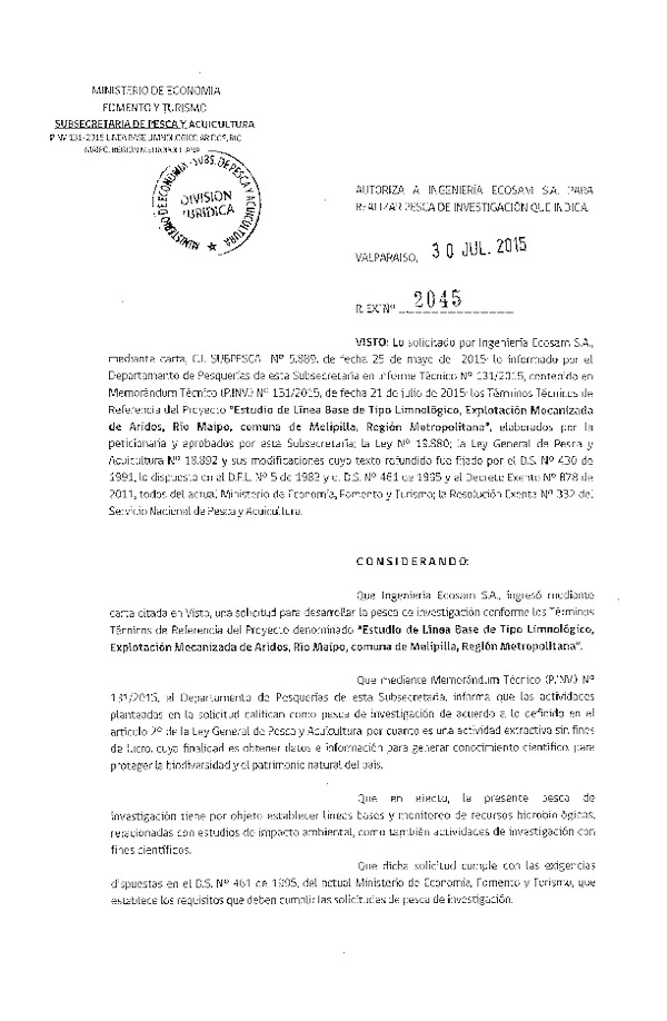 Res. Ex. N° 2045-2015 Estudio de línea base de tipo limnológico, Río Maipo, comunade Melipilla, Región Metropolitana.