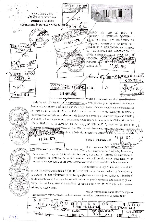 D.S. N° 170-2014 Modifica D.S. N° 139-1998 Que Estableció el Reglamento de Sistema de Posicionamiento Automático de Naves Pesqueras y de Investigación Pesquera y de Las Embarcaciones Prestadoras de Servicios de la Acuicultura. (F.D.O. 05-08-2015)