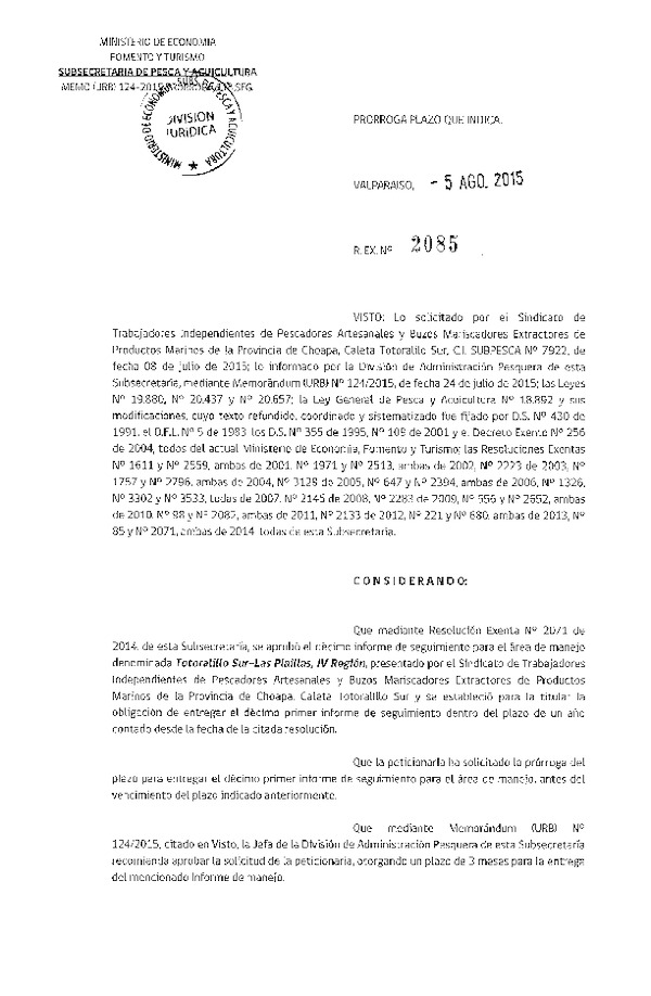 Res. Ex. N° 2085-2015 PRORROGA 11° SEGUIMIENTO.