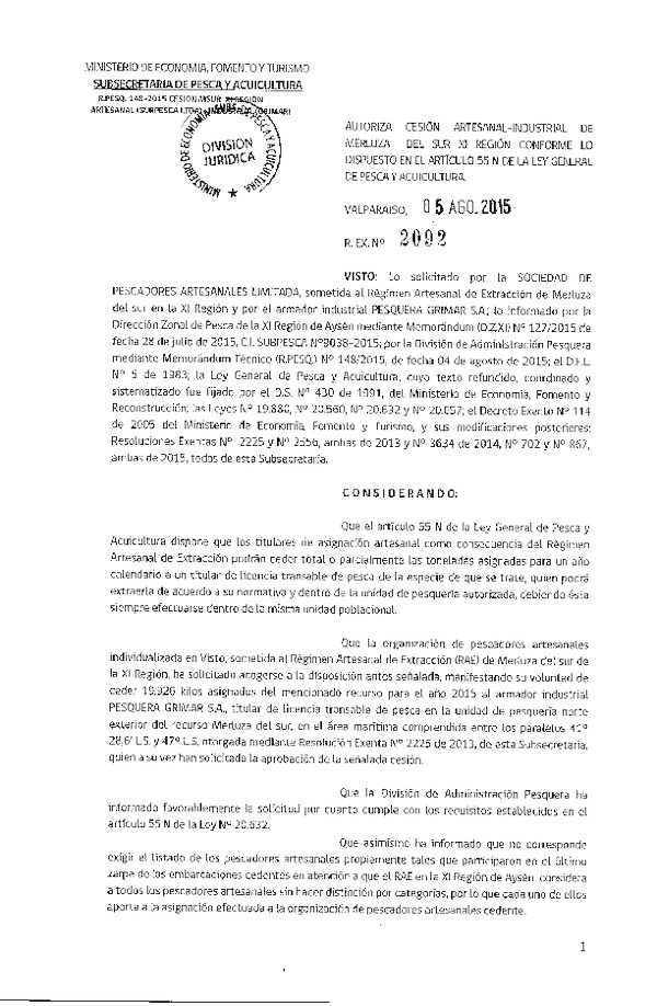 Res. Ex. N° 2092-2015 Autoriza cesión Merluza del sur XI Región.