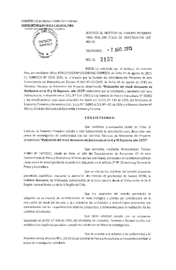 Res. Ex. N° 2132-2015 Evaluación del stock desovante de Anchoveta en la III-IV Región, año 2015.