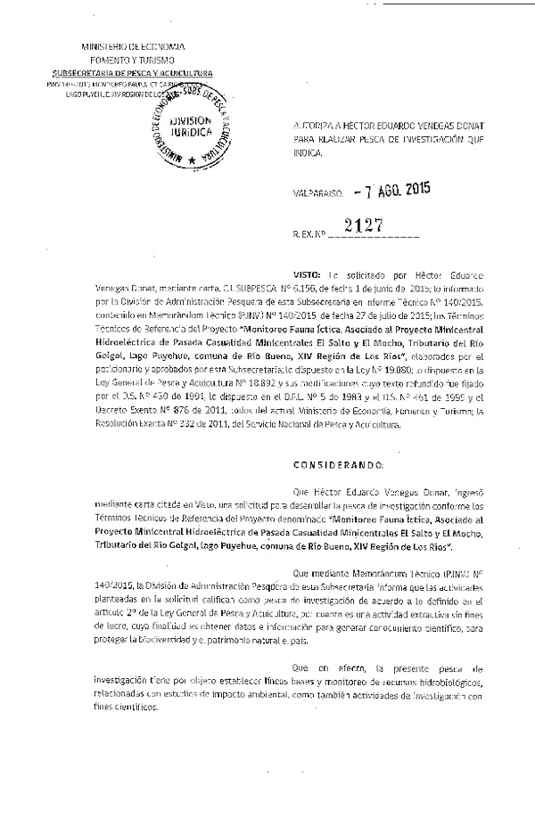 Res. Ex. N° 2127-2015 Monitoreo fauna íctica, Río Golgol, lago Puyehue, XIV Región de Los Ríos.