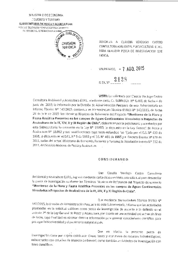 Res. Ex. N° 2128-2015 Monitoreo de la flora y fauna acuática cuerpos de aguas continentales proyectos de acuicultura de la IX, XIV, X y XI Región de Chile.