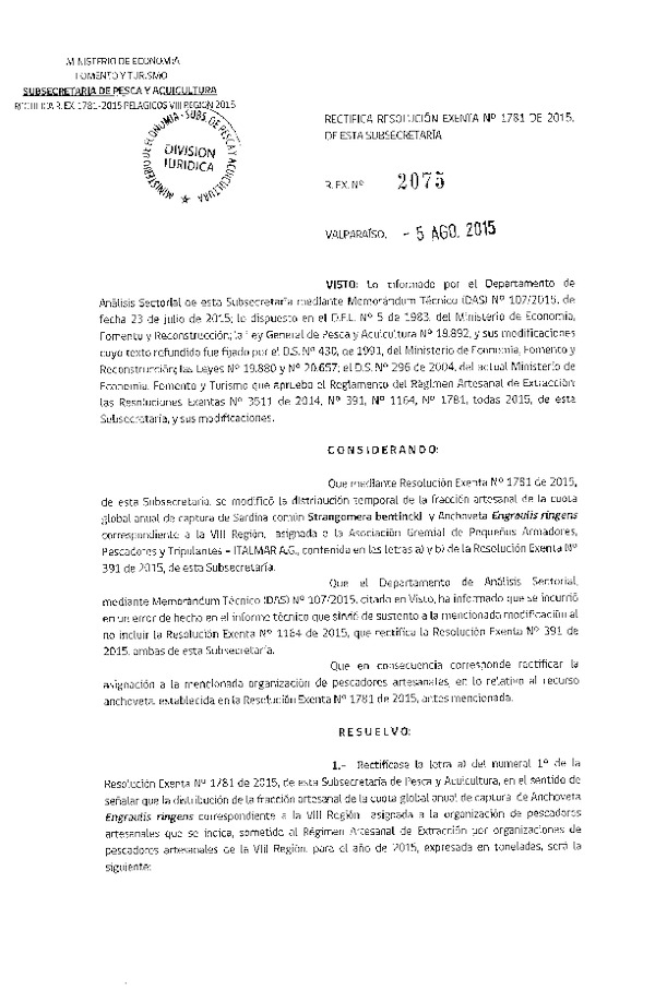 Res. Ex. N° 2075-2015 Rectifica Res. Ex. N° 1781-2015 Que Modificó Res. Ex N° 391-2015 Distribución de la Fracción Artesanal de la Cuota de Captura Anchoveta y Sardina Común. VIII Región. (F.D.O. 11-08-2015)