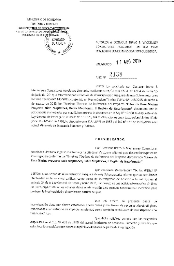 Res. Ex. N° 2138-2015 Línea de base marina proyecto Nido Mejillones, Bahía Mejillones, II Región de Antofagasta.