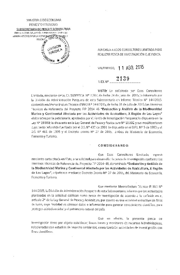 Res. Ex. N° 2139-2015 Evaluación y análisis de la biodiversidad marina, X Región de Los Lagos