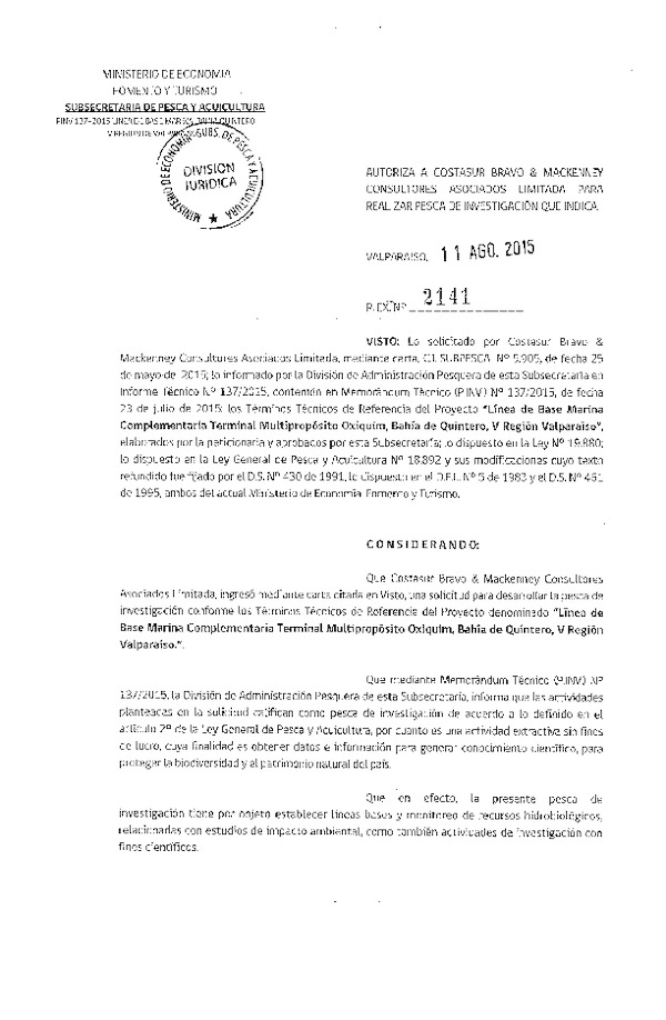 Res. Ex. N° 2141-2015 Línea de base marina complementaria Terminal Multipropósito Oxiquium, Bahía Quintero, V Región.