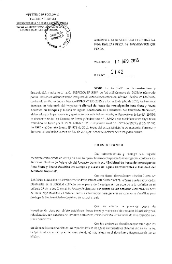 Res. Ex. N° 2142-2015 Solicitud de pesca de investigación para flora y fauna acuática en cuerpos y cursos de aguas.