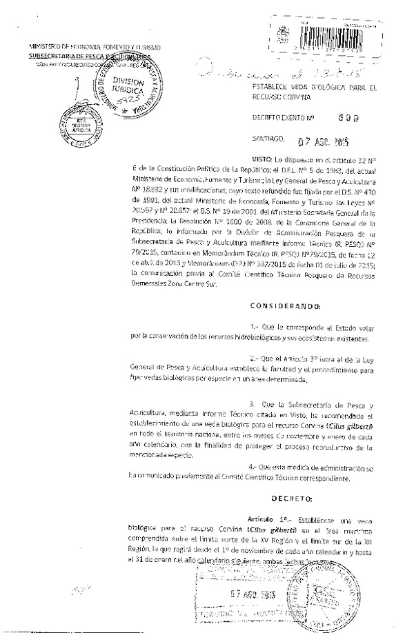 Dec. Ex. Nº 599-2015 Establece Veda Biológica para el recurso Corvina, XV-XII Regiones. (F.D.O. 13-08-2015)