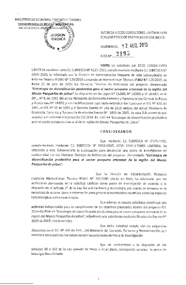 Res. Ex. N° 2195-2015 Estrategia de diversificación productiva, pesquerías de jaibas.