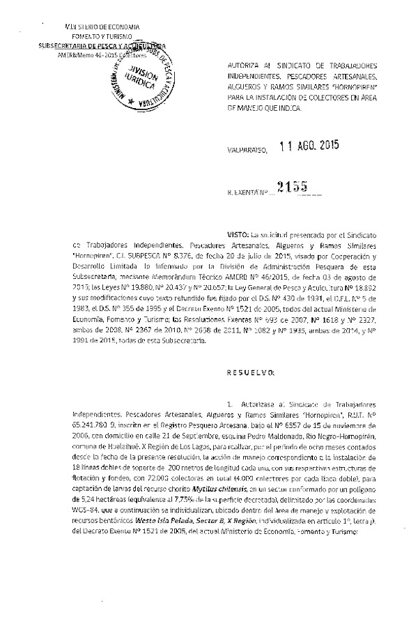 Res. Ex. N° 2155-2015 INSTALACION DE COLECTORES.