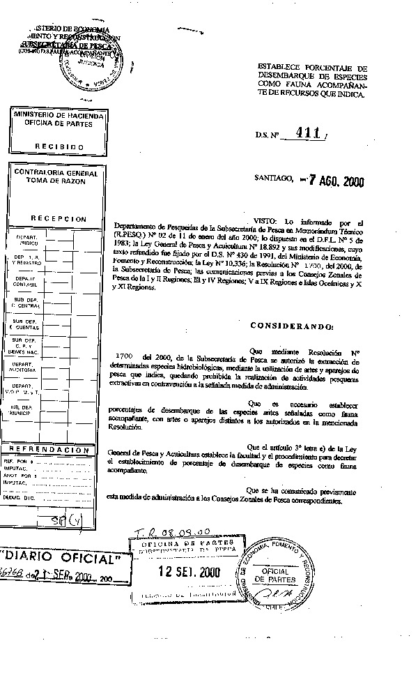 D.S. N° 411-2000 Establece Porcentaje de Desembarque de Fauna Acompañante de Recursos que Indica. (F.D.O. 21-09-2000)