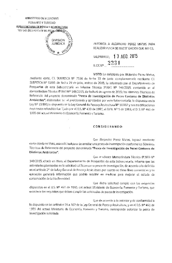 Res. Ex. N° 2231-2015 Pesca de investigación de peces costeros de distintos ambientes.