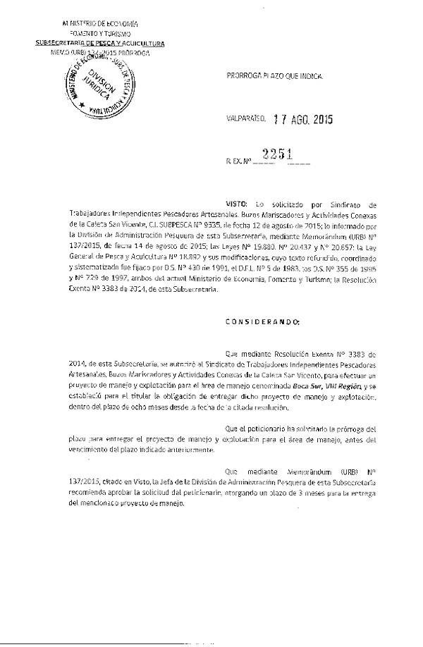 Res. Ex. N° 2251-2015 PRORROGA PLAN DE MANEJO.