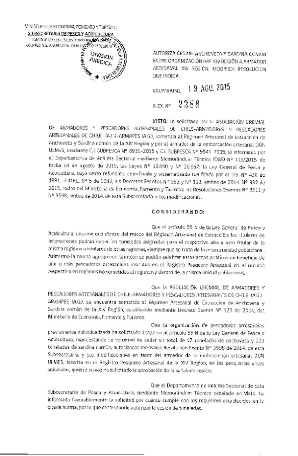Res. Ex. N° 2286-2015 Autoriza cesión Anchoveta y sardina común, XIV Regíón.