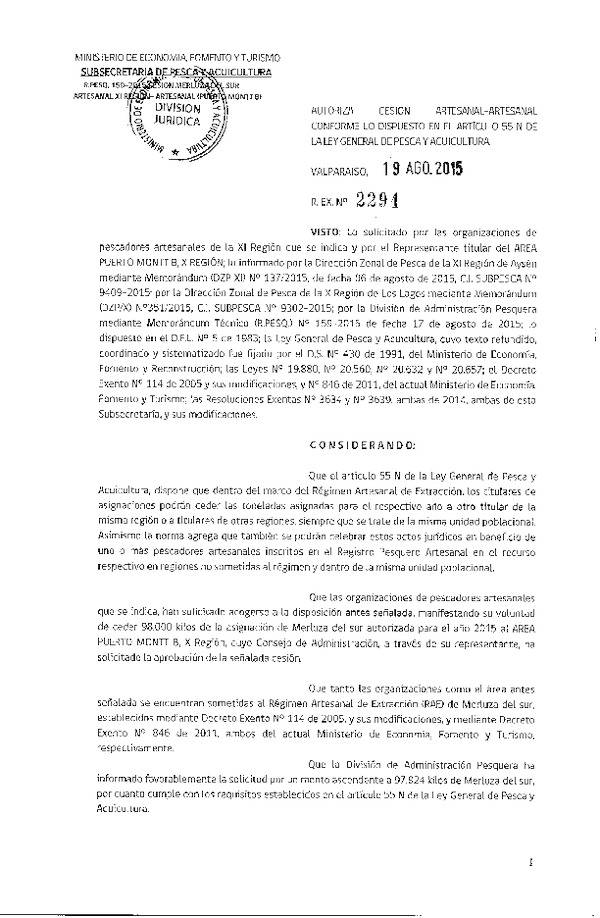 Res. Ex. N° 2294-2015 Autoriza cesión Merluza del sur, XI Regíón.
